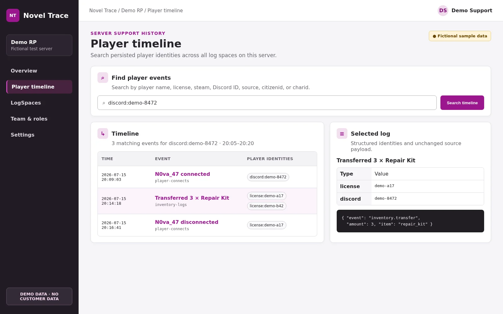 Novel Trace Player Timeline mit drei chronologischen Demo-Ereignissen, Player-Identitäten und ausgewähltem Logdetail